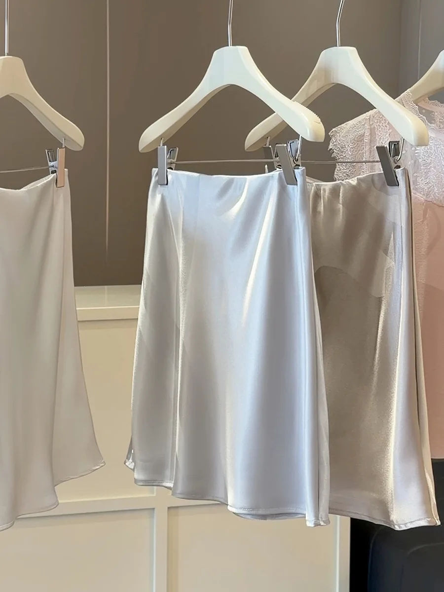 New 2026 Women Summer Satin High-waisted Mini Skirt Elegant Office Lady Solid Color Fashion A-line Short Skirt