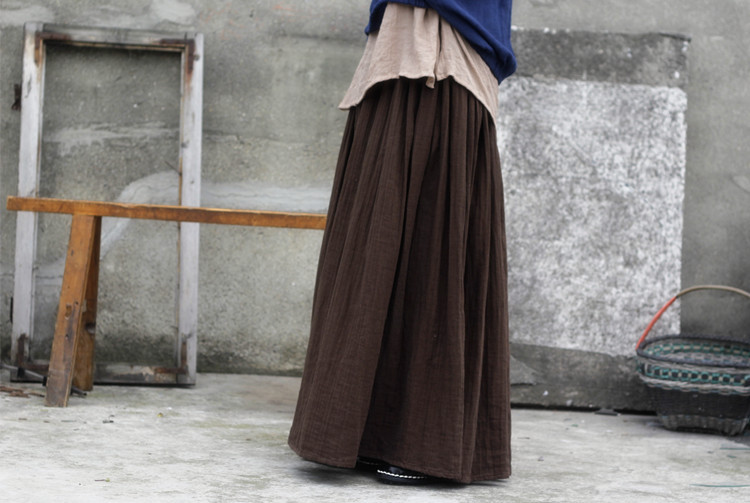 Johnature 2025 Women New Cotton Linen Elastice Waist Floor Length Autumn Pleated Solid Button Casual Long Skirts