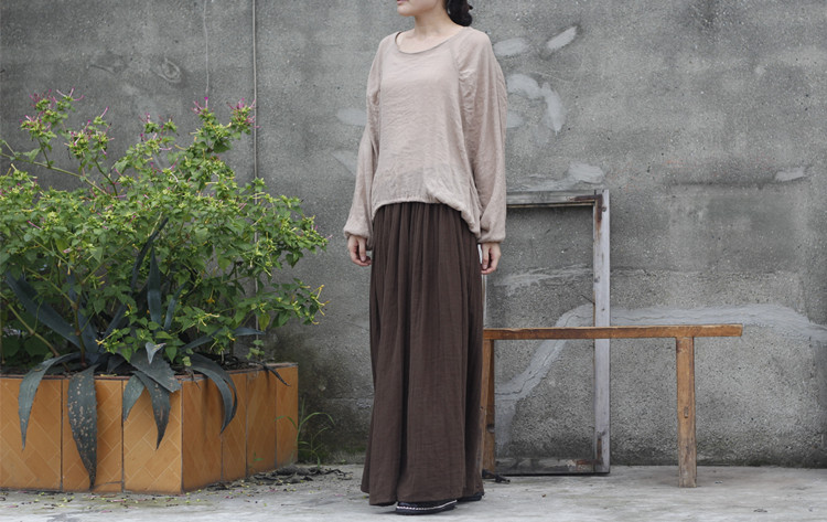 Johnature 2025 Women New Cotton Linen Elastice Waist Floor Length Autumn Pleated Solid Button Casual Long Skirts