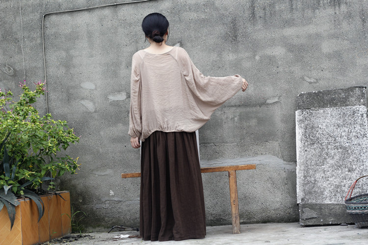 Johnature 2025 Women New Cotton Linen Elastice Waist Floor Length Autumn Pleated Solid Button Casual Long Skirts
