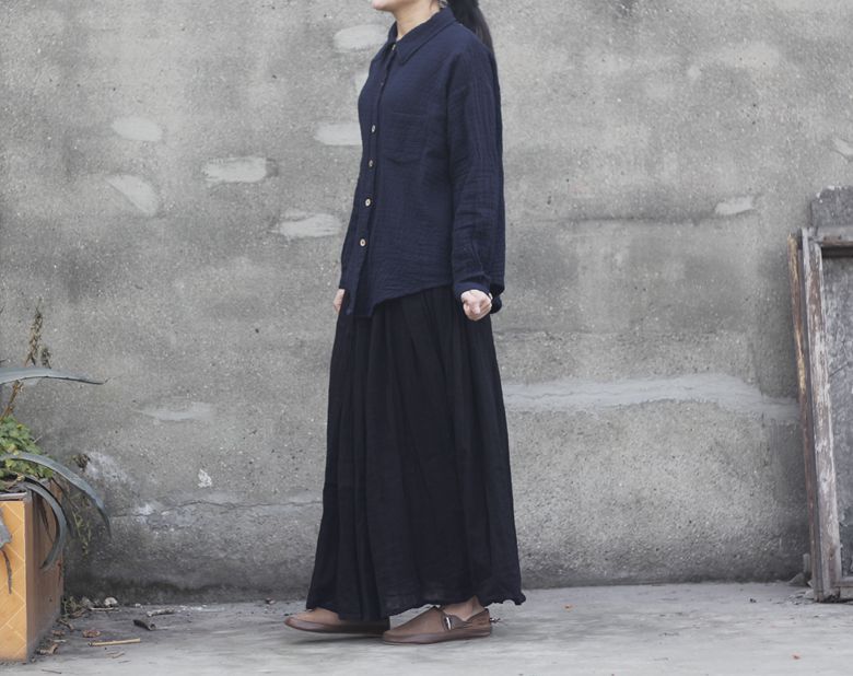 Johnature 2025 Women New Cotton Linen Elastice Waist Floor Length Autumn Pleated Solid Button Casual Long Skirts