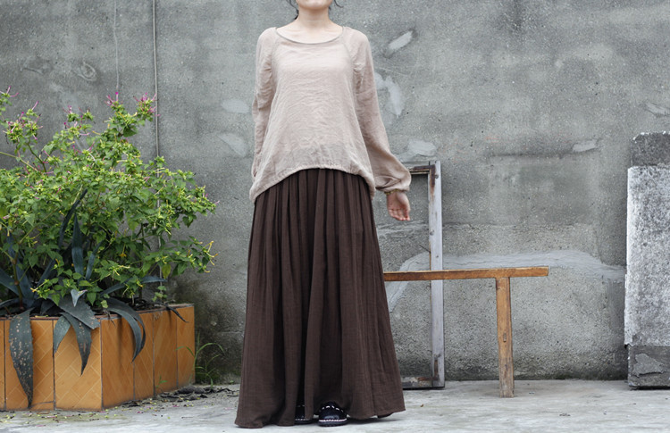 Johnature 2025 Women New Cotton Linen Elastice Waist Floor Length Autumn Pleated Solid Button Casual Long Skirts