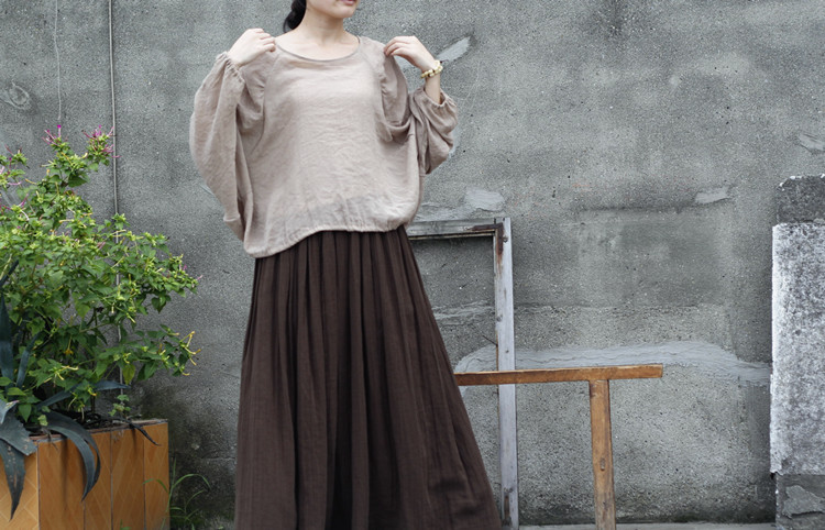 Johnature 2025 Women New Cotton Linen Elastice Waist Floor Length Autumn Pleated Solid Button Casual Long Skirts
