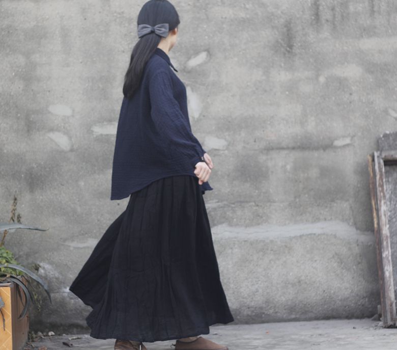 Johnature 2025 Women New Cotton Linen Elastice Waist Floor Length Autumn Pleated Solid Button Casual Long Skirts