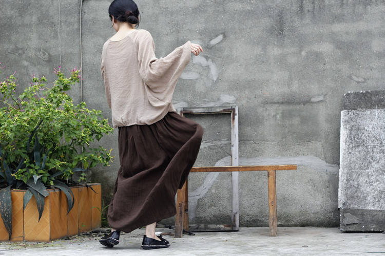 Johnature 2025 Women New Cotton Linen Elastice Waist Floor Length Autumn Pleated Solid Button Casual Long Skirts