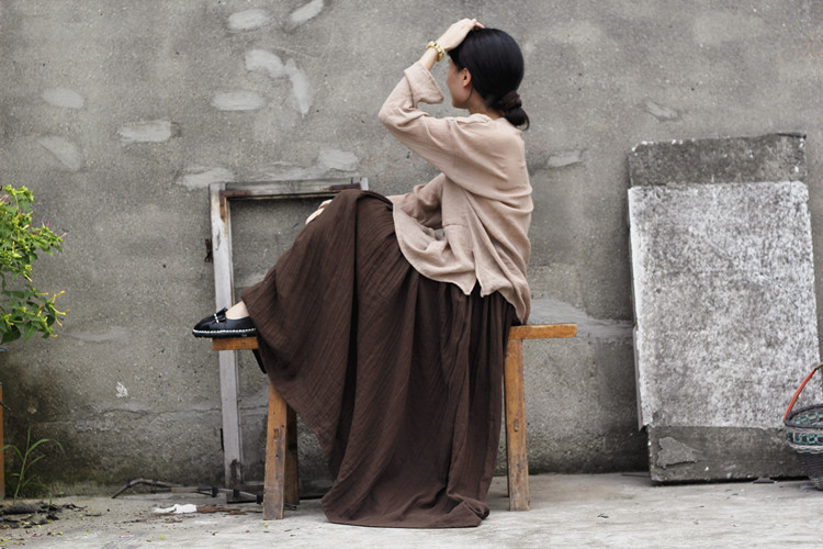 Johnature 2025 Women New Cotton Linen Elastice Waist Floor Length Autumn Pleated Solid Button Casual Long Skirts