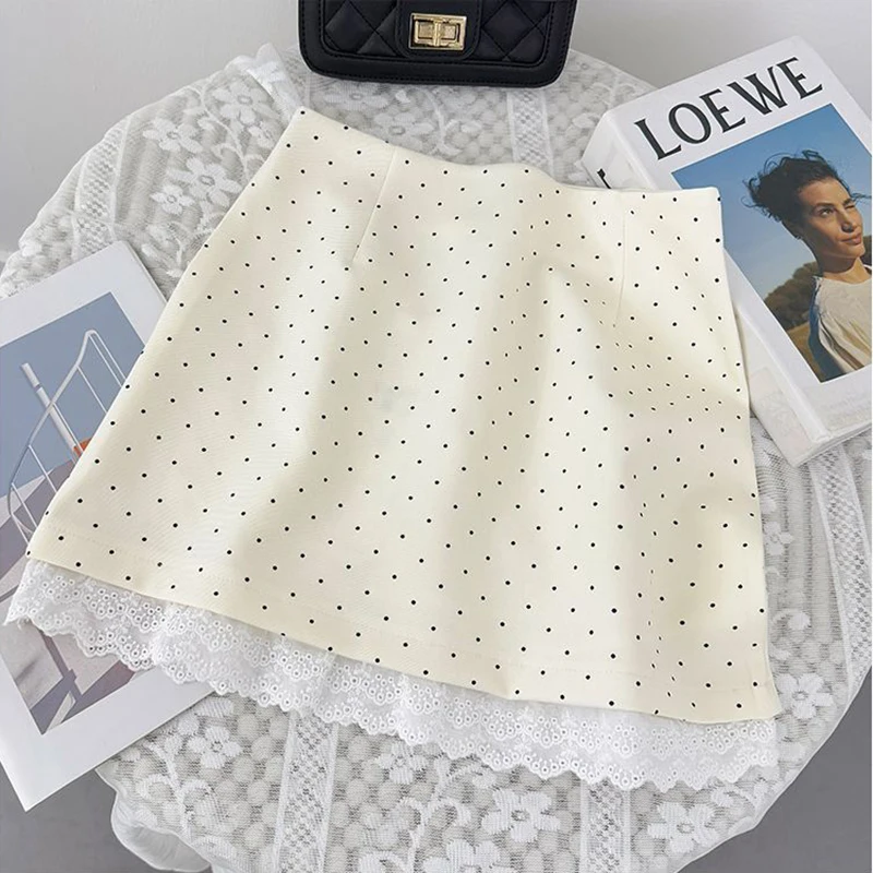 Sweet Polka Dots Mini Skirt Women Summer Lace Patchwork Casual Suit Skirts Korean High Waist A Line Office Lady Zipper Skirt New