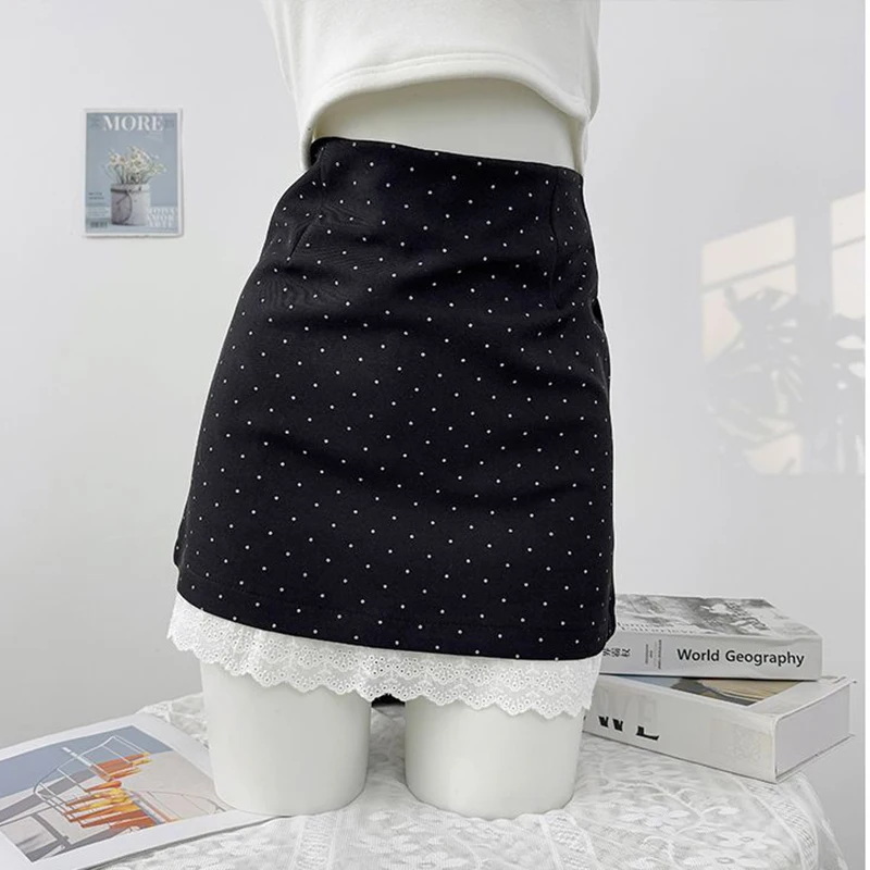 Sweet Polka Dots Mini Skirt Women Summer Lace Patchwork Casual Suit Skirts Korean High Waist A Line Office Lady Zipper Skirt New
