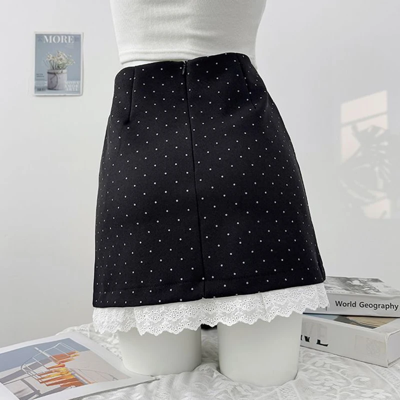 Sweet Polka Dots Mini Skirt Women Summer Lace Patchwork Casual Suit Skirts Korean High Waist A Line Office Lady Zipper Skirt New