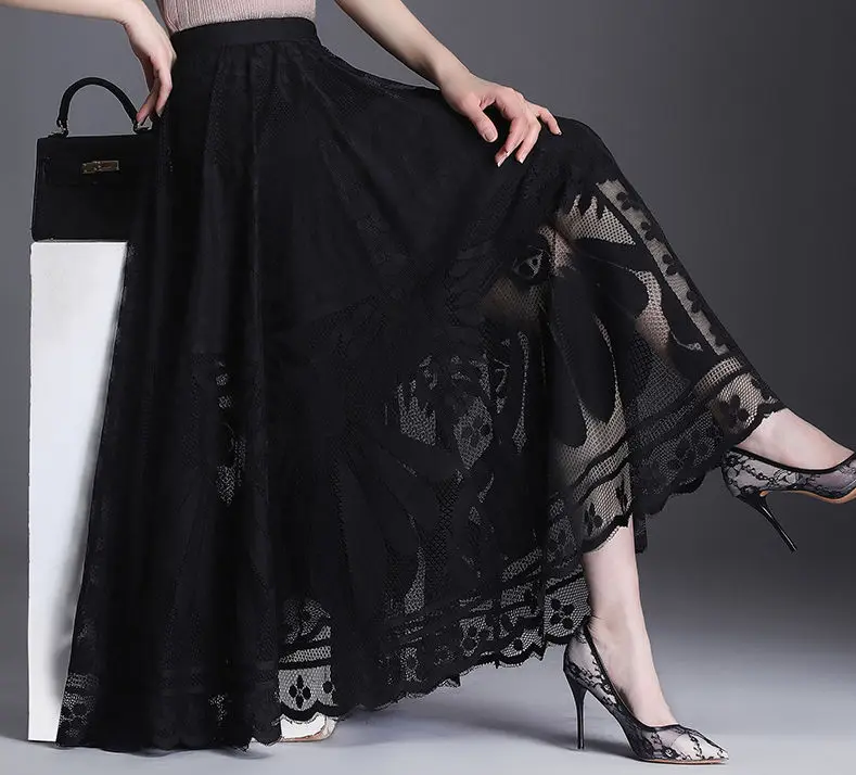 Lace Skirt Women's New A-word Long Skirt Big Swing Gauze Hollow Pleated Skirt
