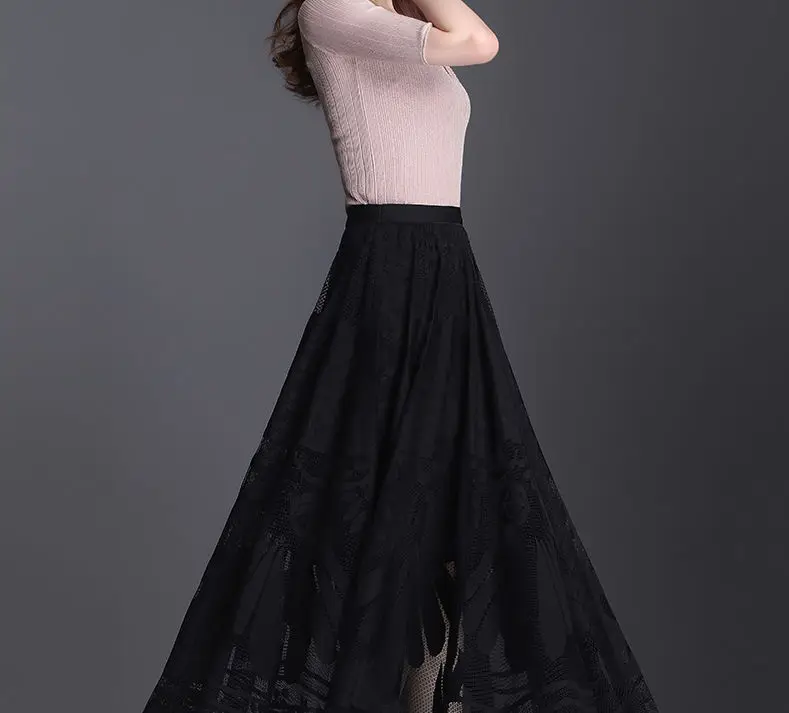 Lace Skirt Women's New A-word Long Skirt Big Swing Gauze Hollow Pleated Skirt