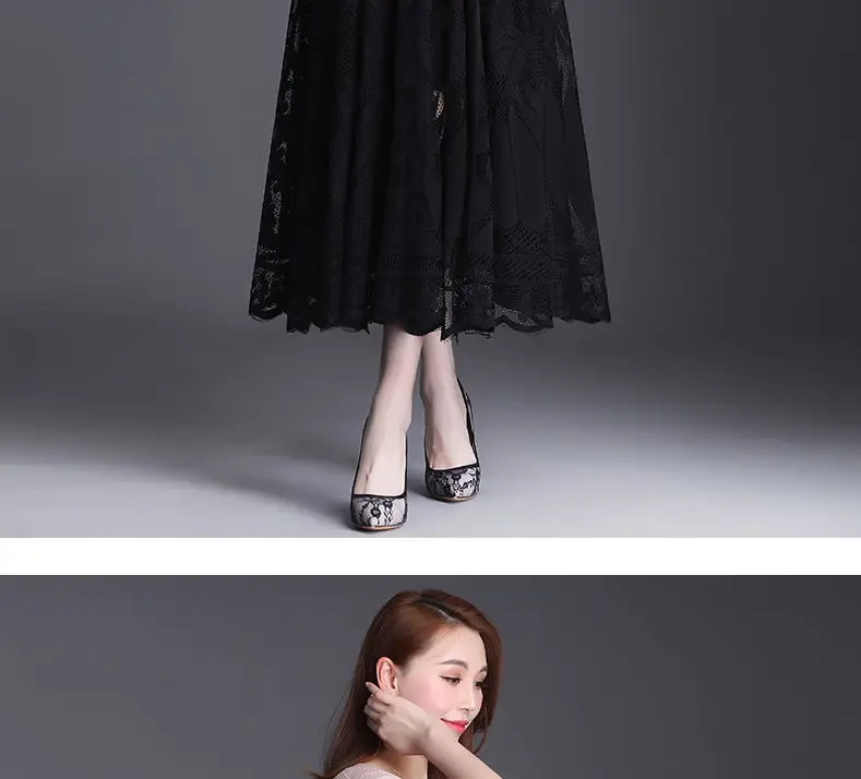 Lace Skirt Women's New A-word Long Skirt Big Swing Gauze Hollow Pleated Skirt