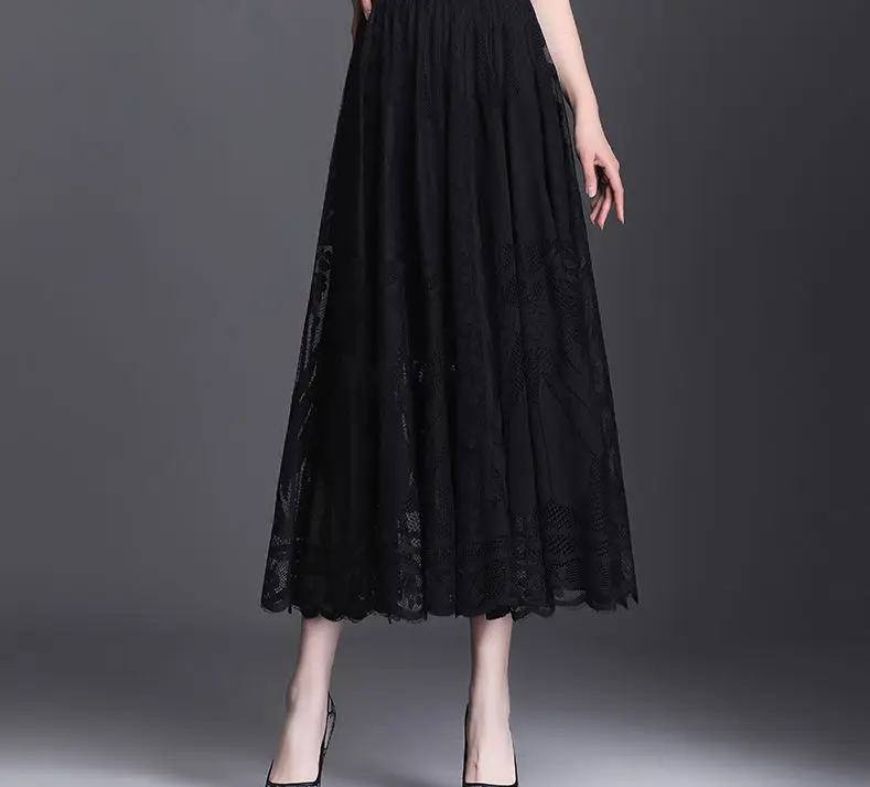 Lace Skirt Women's New A-word Long Skirt Big Swing Gauze Hollow Pleated Skirt