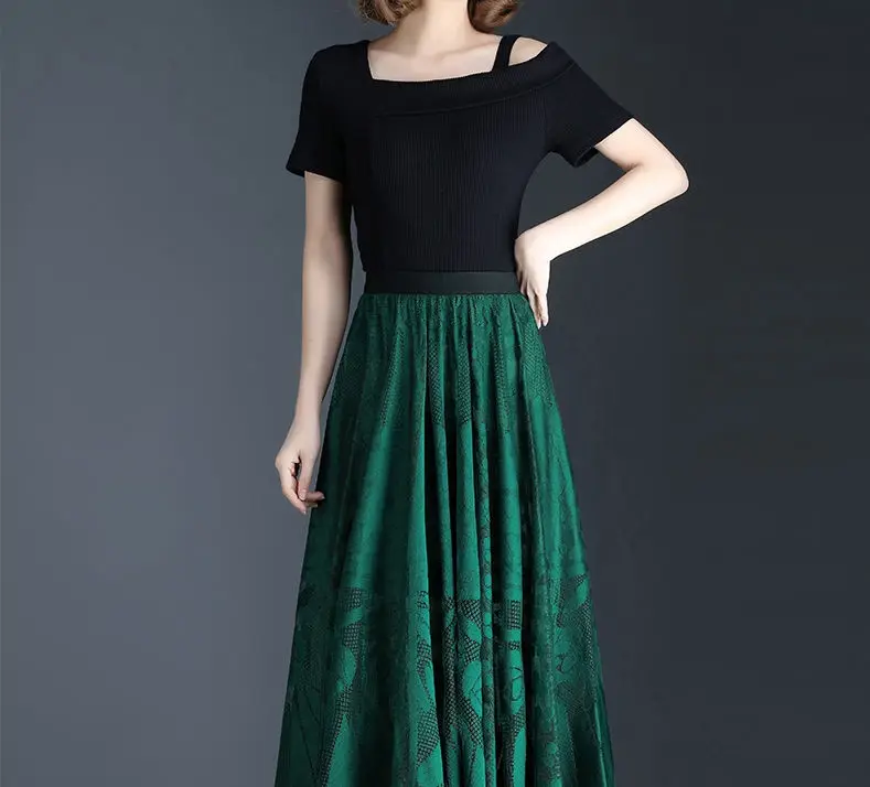 Lace Skirt Women's New A-word Long Skirt Big Swing Gauze Hollow Pleated Skirt