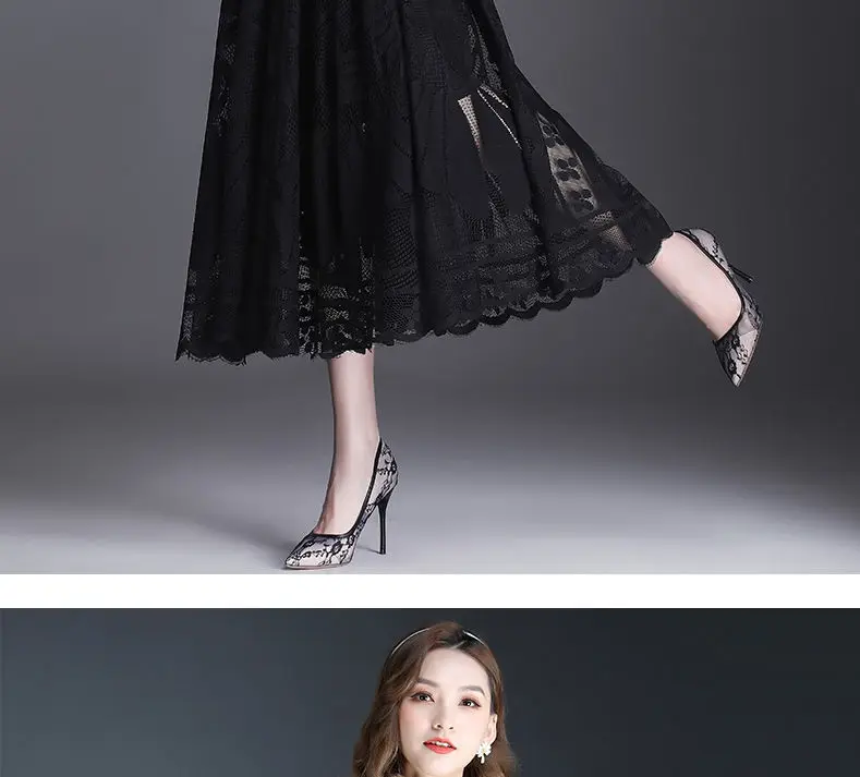 Lace Skirt Women's New A-word Long Skirt Big Swing Gauze Hollow Pleated Skirt