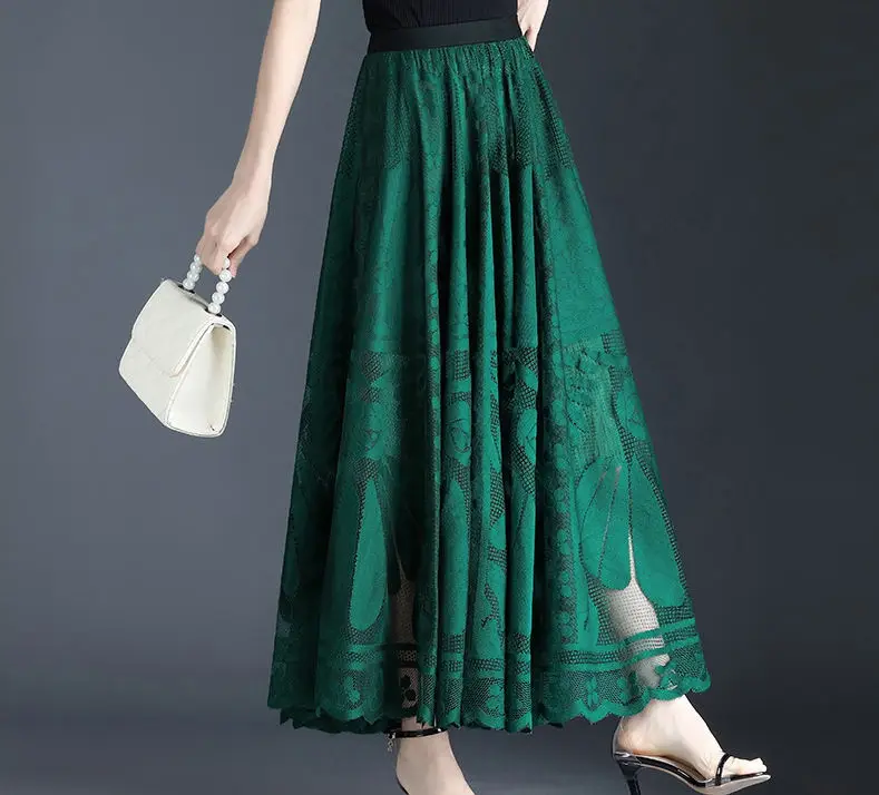 Lace Skirt Women's New A-word Long Skirt Big Swing Gauze Hollow Pleated Skirt
