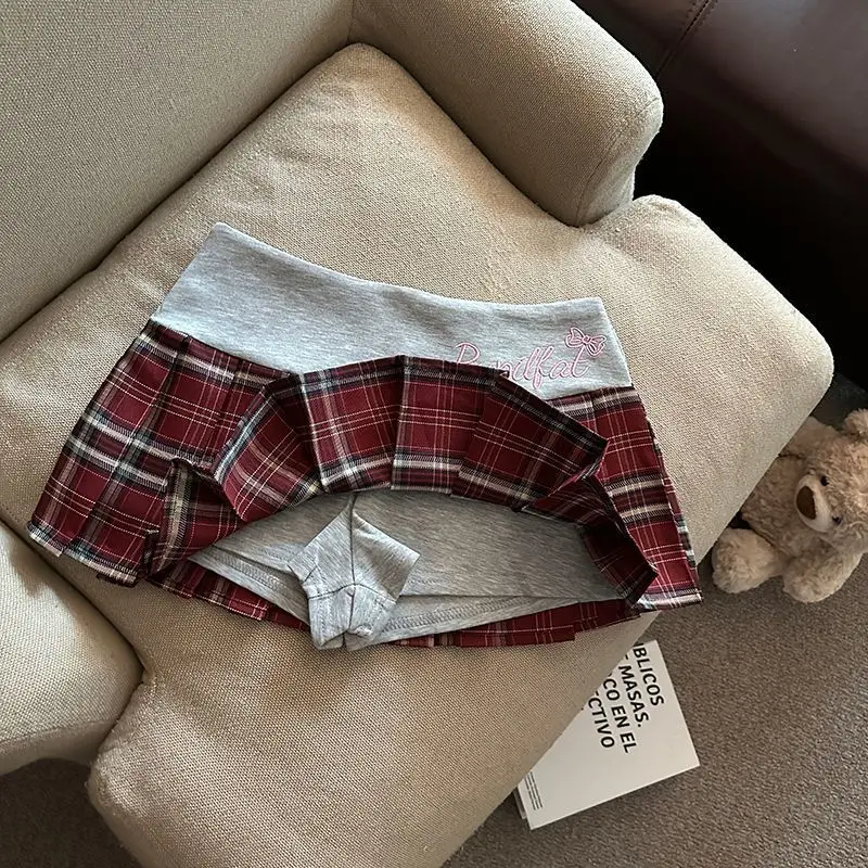 Retro Plaid Pleated Skirt for Women Japanese Style High Waist Patchwork Embroidery Mini Skirts Y2K Sweet Preppy A Line Skirts