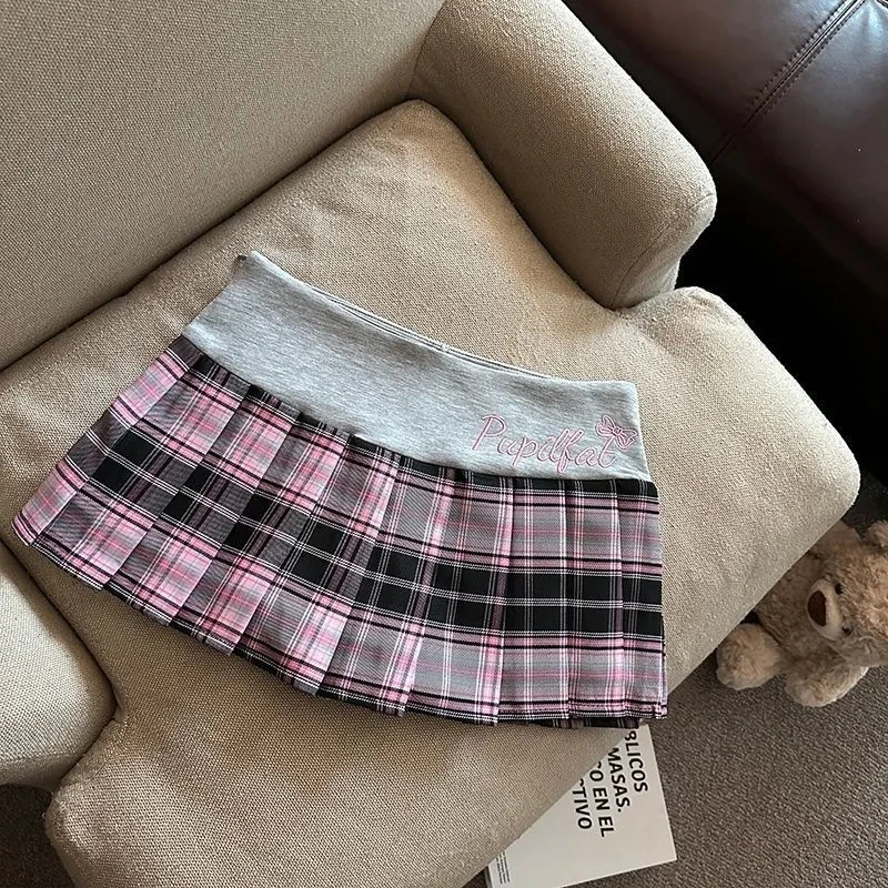 Retro Plaid Pleated Skirt for Women Japanese Style High Waist Patchwork Embroidery Mini Skirts Y2K Sweet Preppy A Line Skirts
