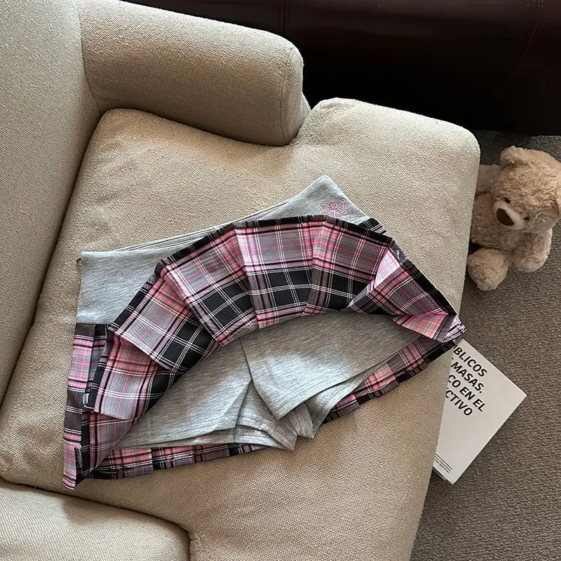 Retro Plaid Pleated Skirt for Women Japanese Style High Waist Patchwork Embroidery Mini Skirts Y2K Sweet Preppy A Line Skirts