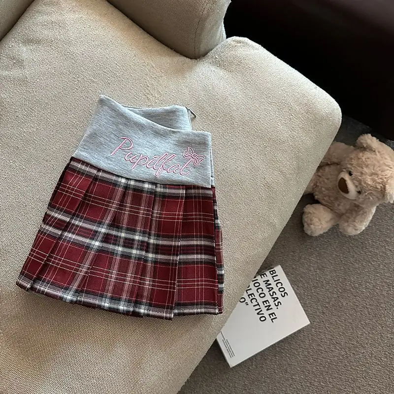 Retro Plaid Pleated Skirt for Women Japanese Style High Waist Patchwork Embroidery Mini Skirts Y2K Sweet Preppy A Line Skirts
