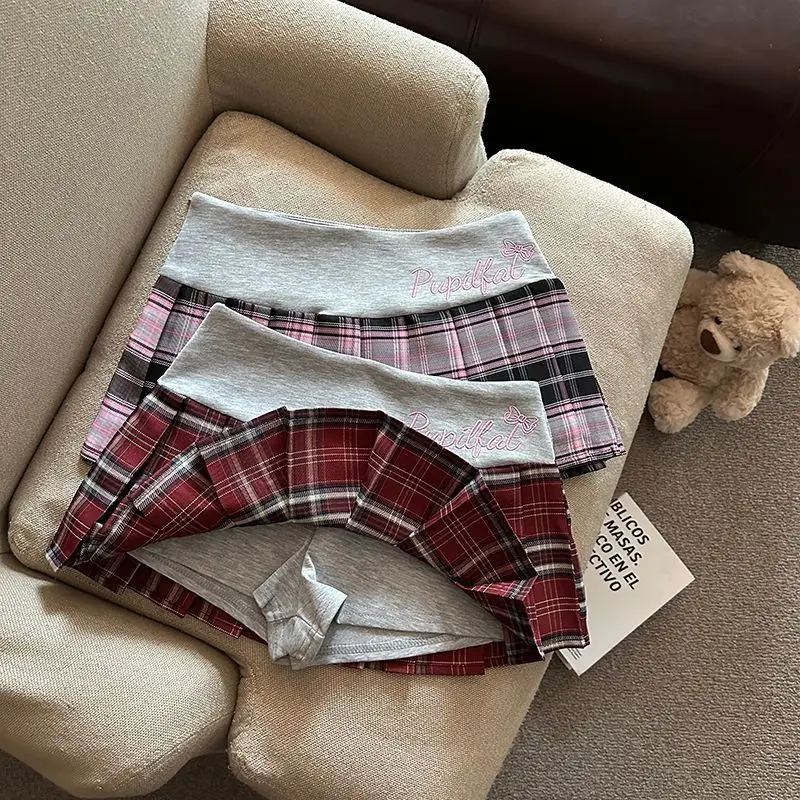 Retro Plaid Pleated Skirt for Women Japanese Style High Waist Patchwork Embroidery Mini Skirts Y2K Sweet Preppy A Line Skirts