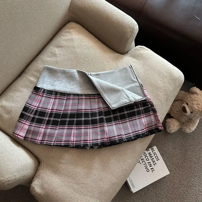 Retro Plaid Pleated Skirt for Women Japanese Style High Waist Patchwork Embroidery Mini Skirts Y2K Sweet Preppy A Line Skirts