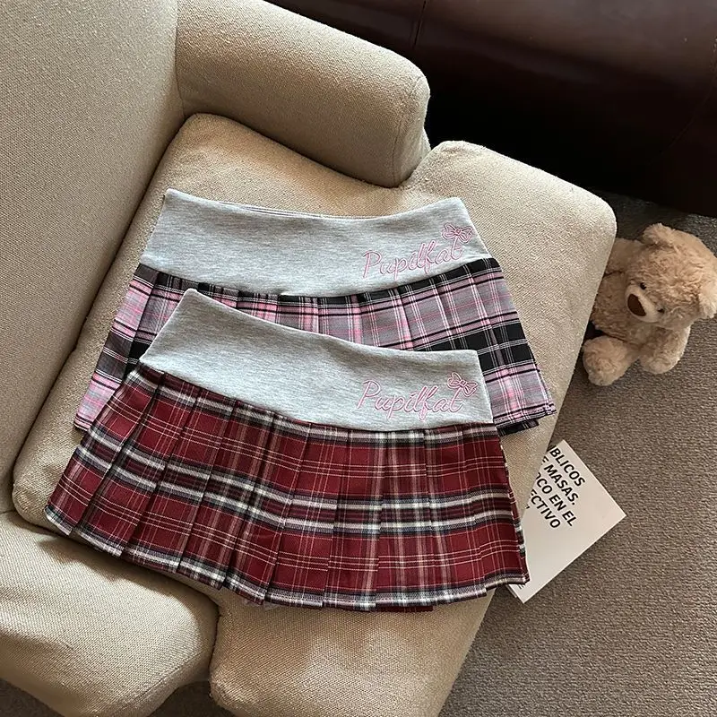 Retro Plaid Pleated Skirt for Women Japanese Style High Waist Patchwork Embroidery Mini Skirts Y2K Sweet Preppy A Line Skirts