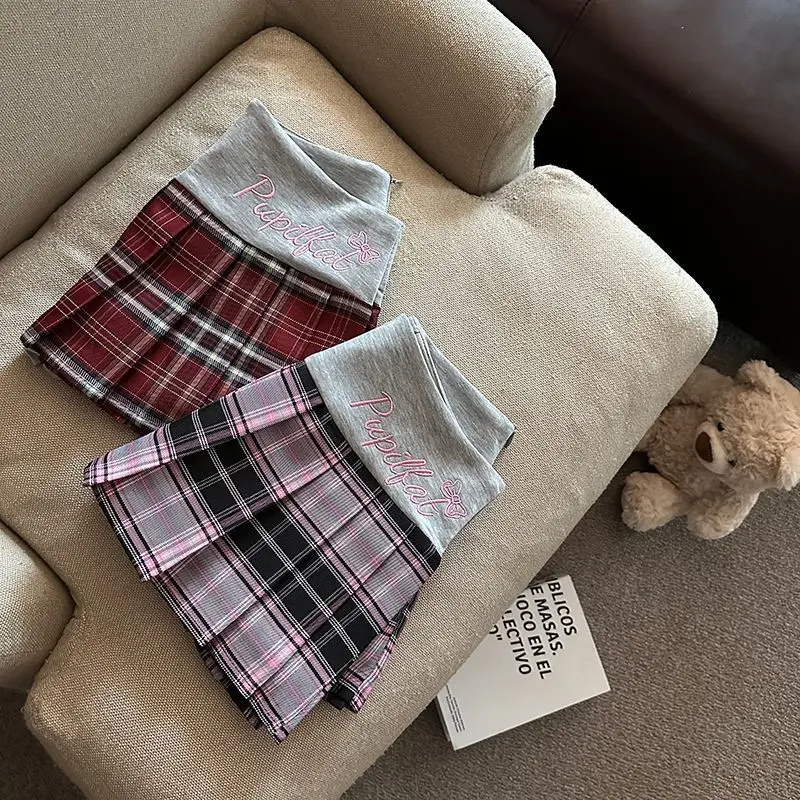 Retro Plaid Pleated Skirt for Women Japanese Style High Waist Patchwork Embroidery Mini Skirts Y2K Sweet Preppy A Line Skirts