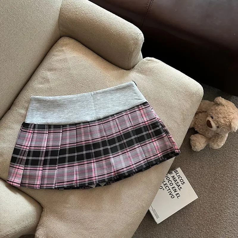 Retro Plaid Pleated Skirt for Women Japanese Style High Waist Patchwork Embroidery Mini Skirts Y2K Sweet Preppy A Line Skirts