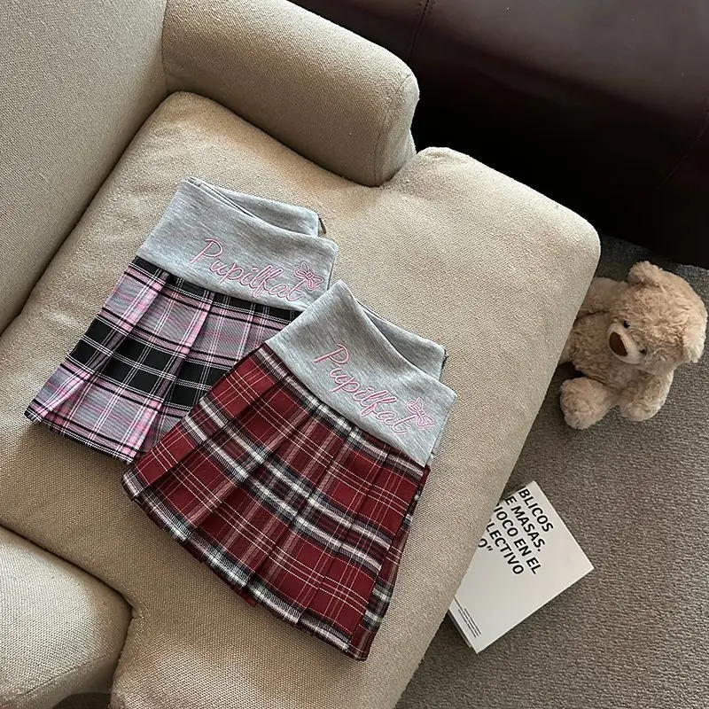 Retro Plaid Pleated Skirt for Women Japanese Style High Waist Patchwork Embroidery Mini Skirts Y2K Sweet Preppy A Line Skirts