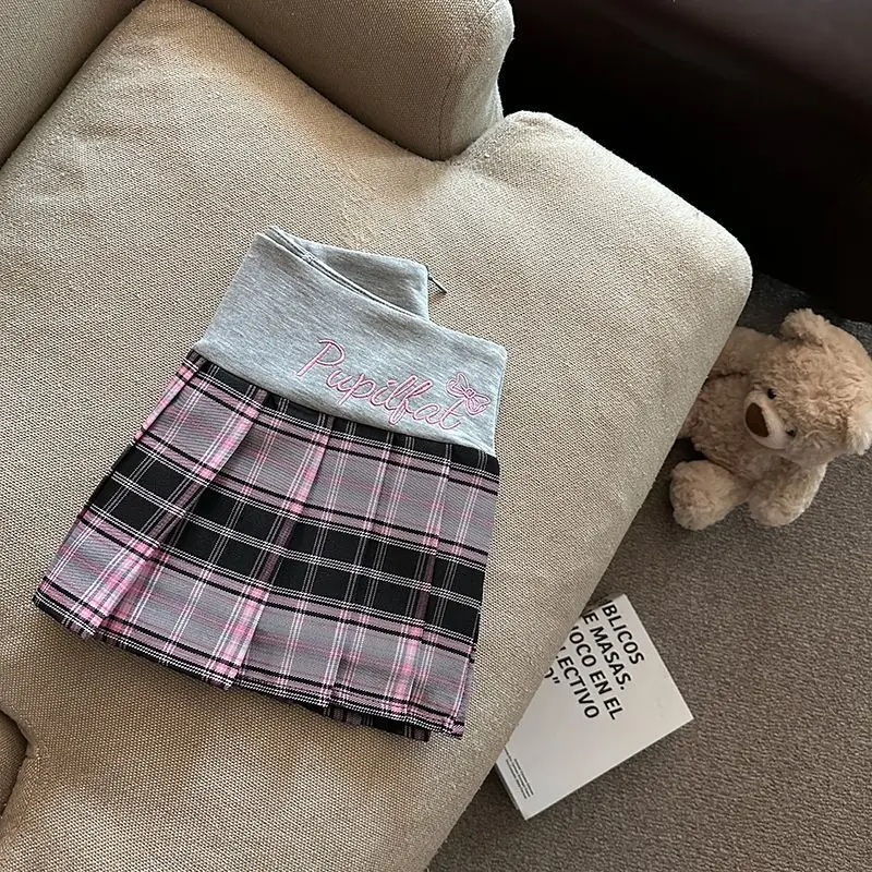 Retro Plaid Pleated Skirt for Women Japanese Style High Waist Patchwork Embroidery Mini Skirts Y2K Sweet Preppy A Line Skirts