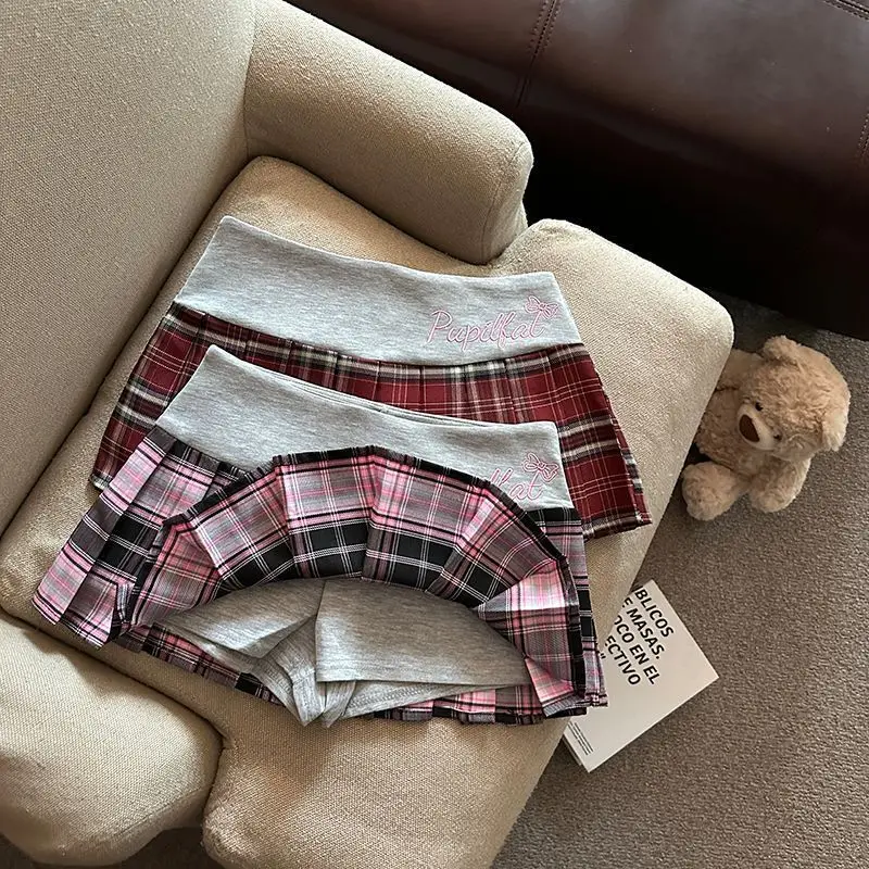 Retro Plaid Pleated Skirt for Women Japanese Style High Waist Patchwork Embroidery Mini Skirts Y2K Sweet Preppy A Line Skirts