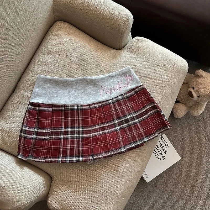 Retro Plaid Pleated Skirt for Women Japanese Style High Waist Patchwork Embroidery Mini Skirts Y2K Sweet Preppy A Line Skirts