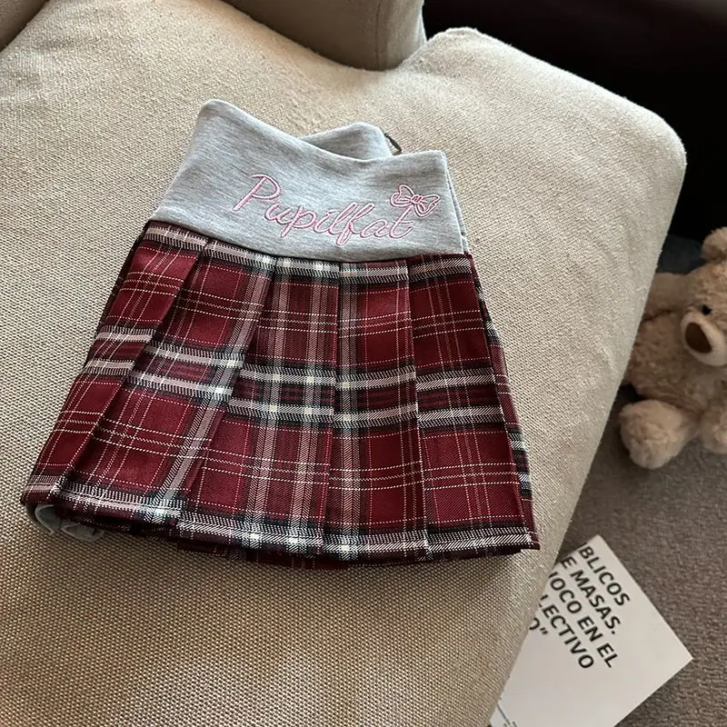 Retro Plaid Pleated Skirt for Women Japanese Style High Waist Patchwork Embroidery Mini Skirts Y2K Sweet Preppy A Line Skirts