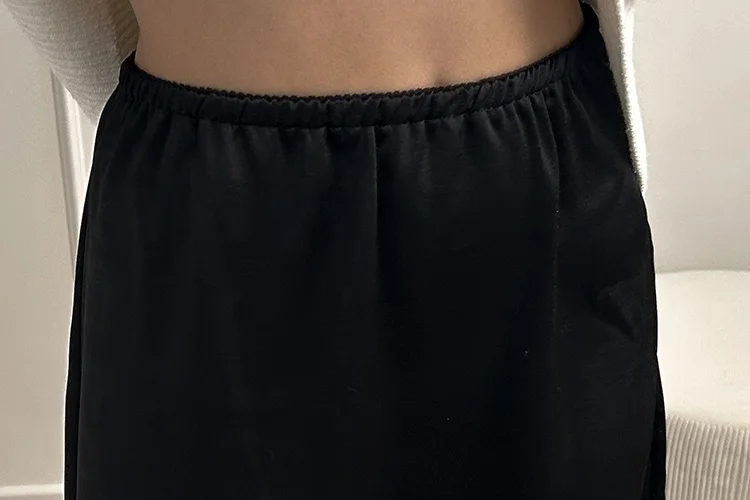Midi Satin Skirt With Lace Brown Women Summer Office Zipper Skirts A Line Patchwork Satin Silk Skirts Midi Black Luxury Woman