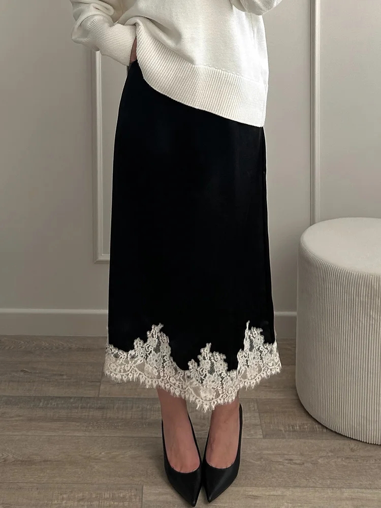 Midi Satin Skirt With Lace Brown Women Summer Office Zipper Skirts A Line Patchwork Satin Silk Skirts Midi Black Luxury Woman
