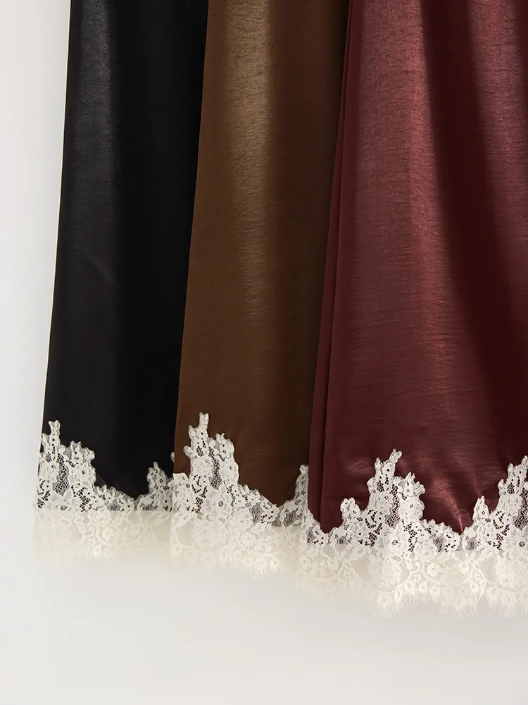 Midi Satin Skirt With Lace Brown Women Summer Office Zipper Skirts A Line Patchwork Satin Silk Skirts Midi Black Luxury Woman