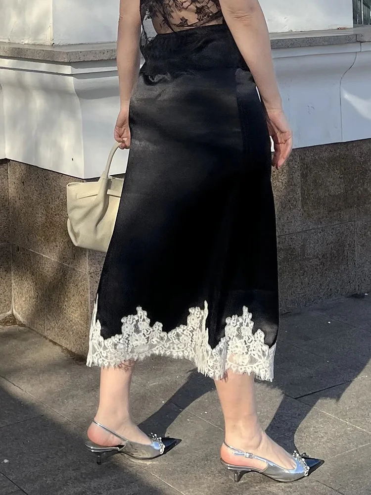 Midi Satin Skirt With Lace Brown Women Summer Office Zipper Skirts A Line Patchwork Satin Silk Skirts Midi Black Luxury Woman