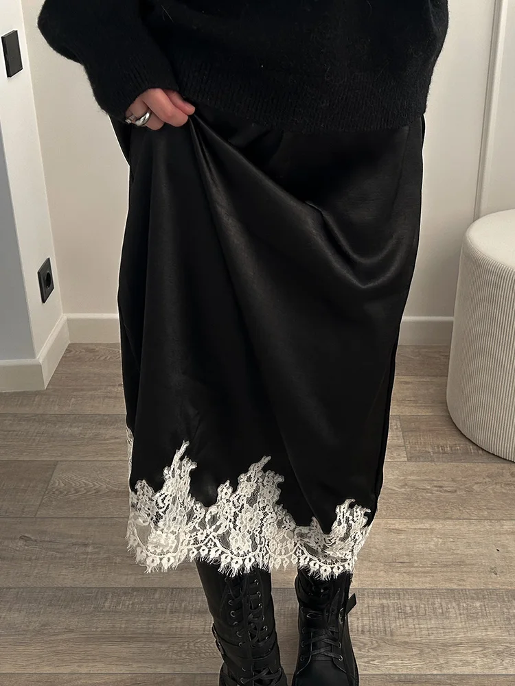 Midi Satin Skirt With Lace Brown Women Summer Office Zipper Skirts A Line Patchwork Satin Silk Skirts Midi Black Luxury Woman