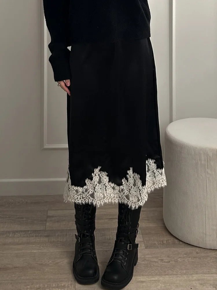 Midi Satin Skirt With Lace Brown Women Summer Office Zipper Skirts A Line Patchwork Satin Silk Skirts Midi Black Luxury Woman