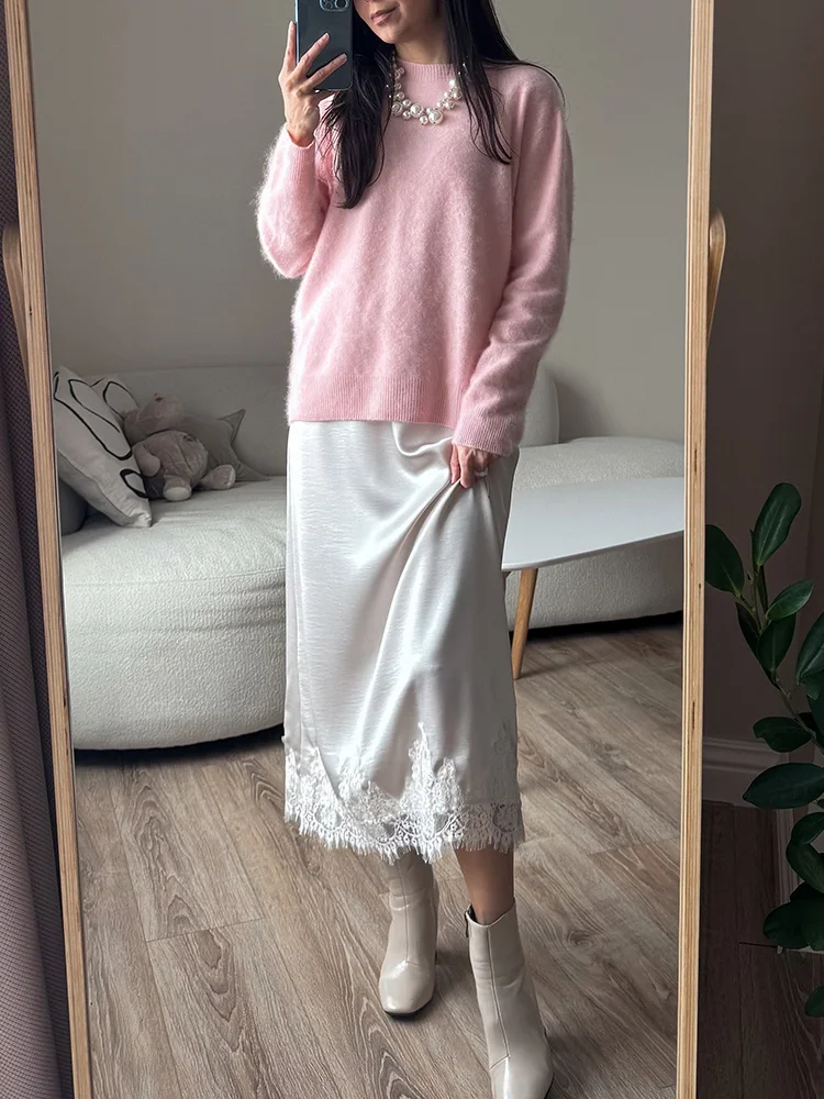 Midi Satin Skirt With Lace Brown Women Summer Office Zipper Skirts A Line Patchwork Satin Silk Skirts Midi Black Luxury Woman