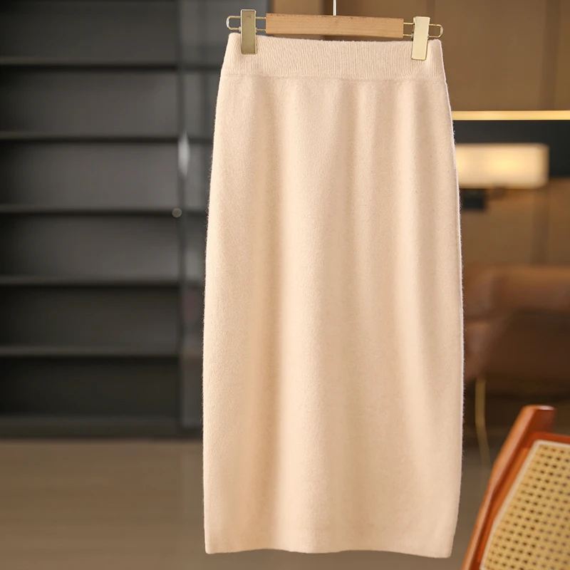 Women Wool Skirt Autumn Winter Chic Half Skirt Bag Skirt High Waist Grace Style Office Lady 100% Merino Wool Knitwear Skirts