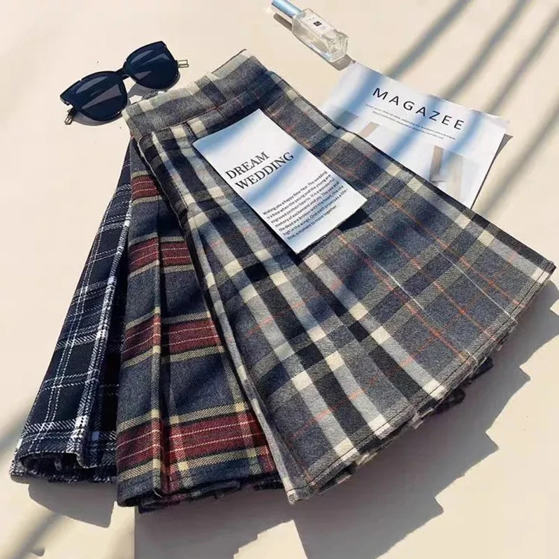 Plaid Woolen Pleated Skirts for Women Fall Winter High Waist Preppy Warm Mini Skirts Lady Fashion Korean All-Match A Line Skirts