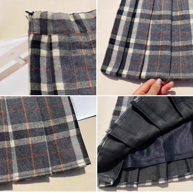 Plaid Woolen Pleated Skirts for Women Fall Winter High Waist Preppy Warm Mini Skirts Lady Fashion Korean All-Match A Line Skirts