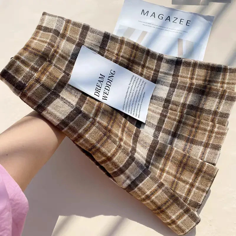 Plaid Woolen Pleated Skirts for Women Fall Winter High Waist Preppy Warm Mini Skirts Lady Fashion Korean All-Match A Line Skirts