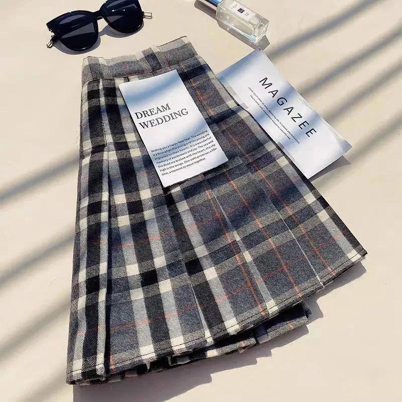 Plaid Woolen Pleated Skirts for Women Fall Winter High Waist Preppy Warm Mini Skirts Lady Fashion Korean All-Match A Line Skirts