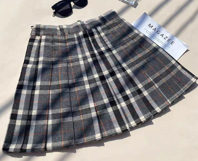 Plaid Woolen Pleated Skirts for Women Fall Winter High Waist Preppy Warm Mini Skirts Lady Fashion Korean All-Match A Line Skirts
