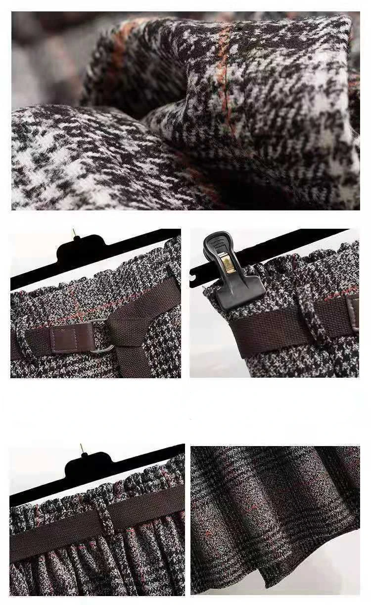 Women‘s Skirt Large Size Tweed Plaid Autumn Winter A-line Mid-length Irregular Pleated Vintage Clothes High Waist Umbrella Skirt