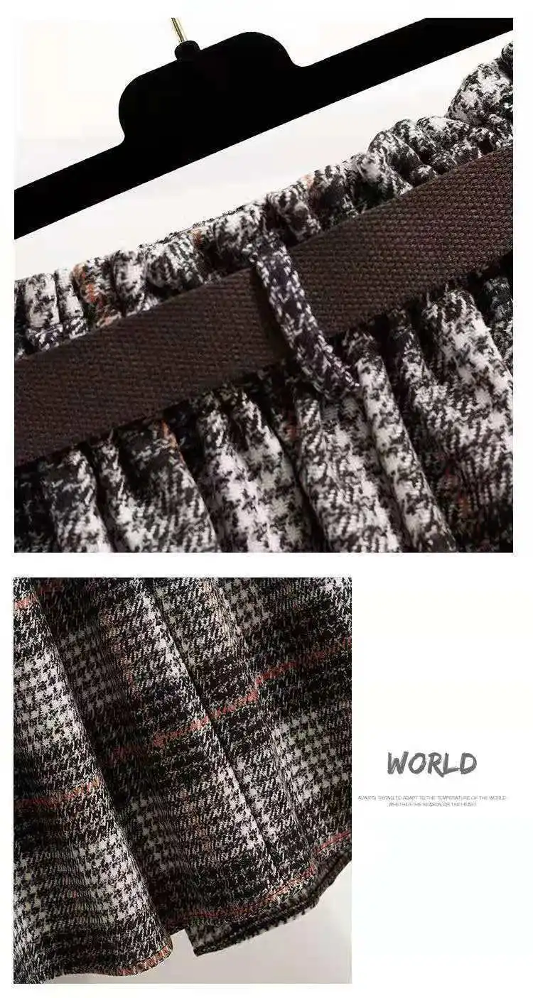Women‘s Skirt Large Size Tweed Plaid Autumn Winter A-line Mid-length Irregular Pleated Vintage Clothes High Waist Umbrella Skirt