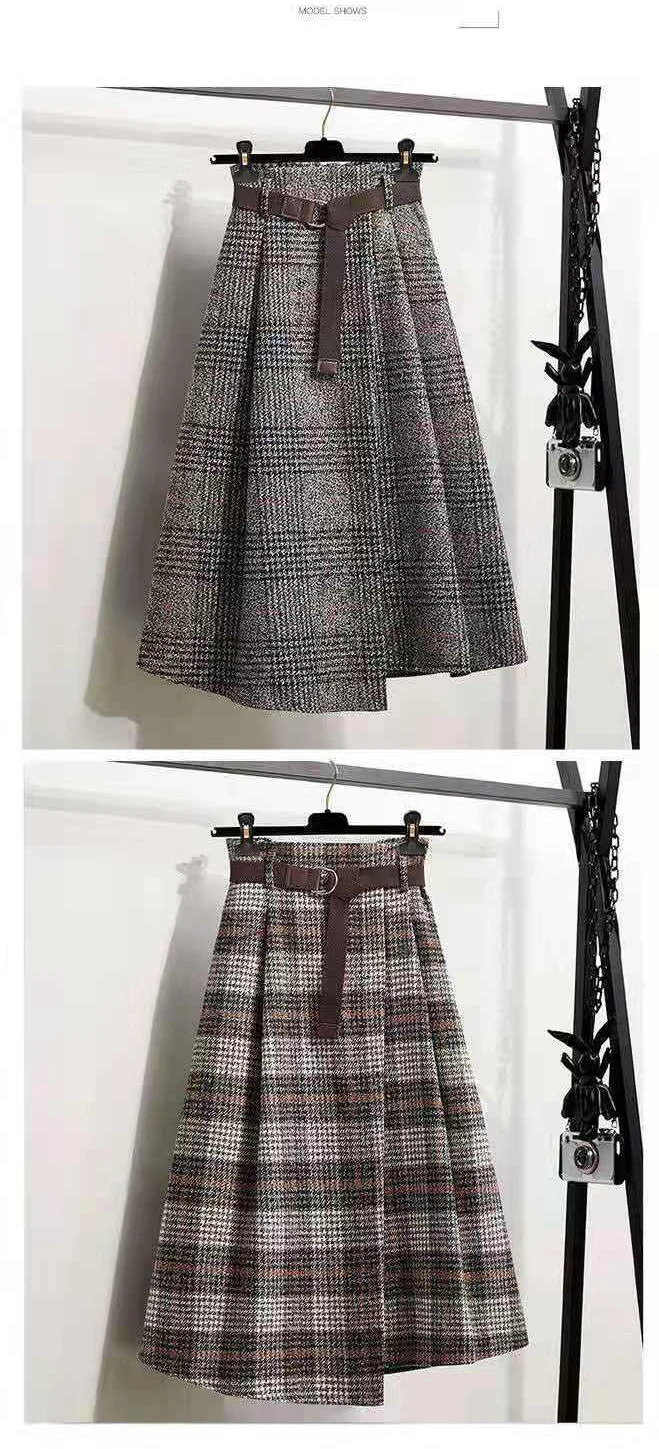 Women‘s Skirt Large Size Tweed Plaid Autumn Winter A-line Mid-length Irregular Pleated Vintage Clothes High Waist Umbrella Skirt